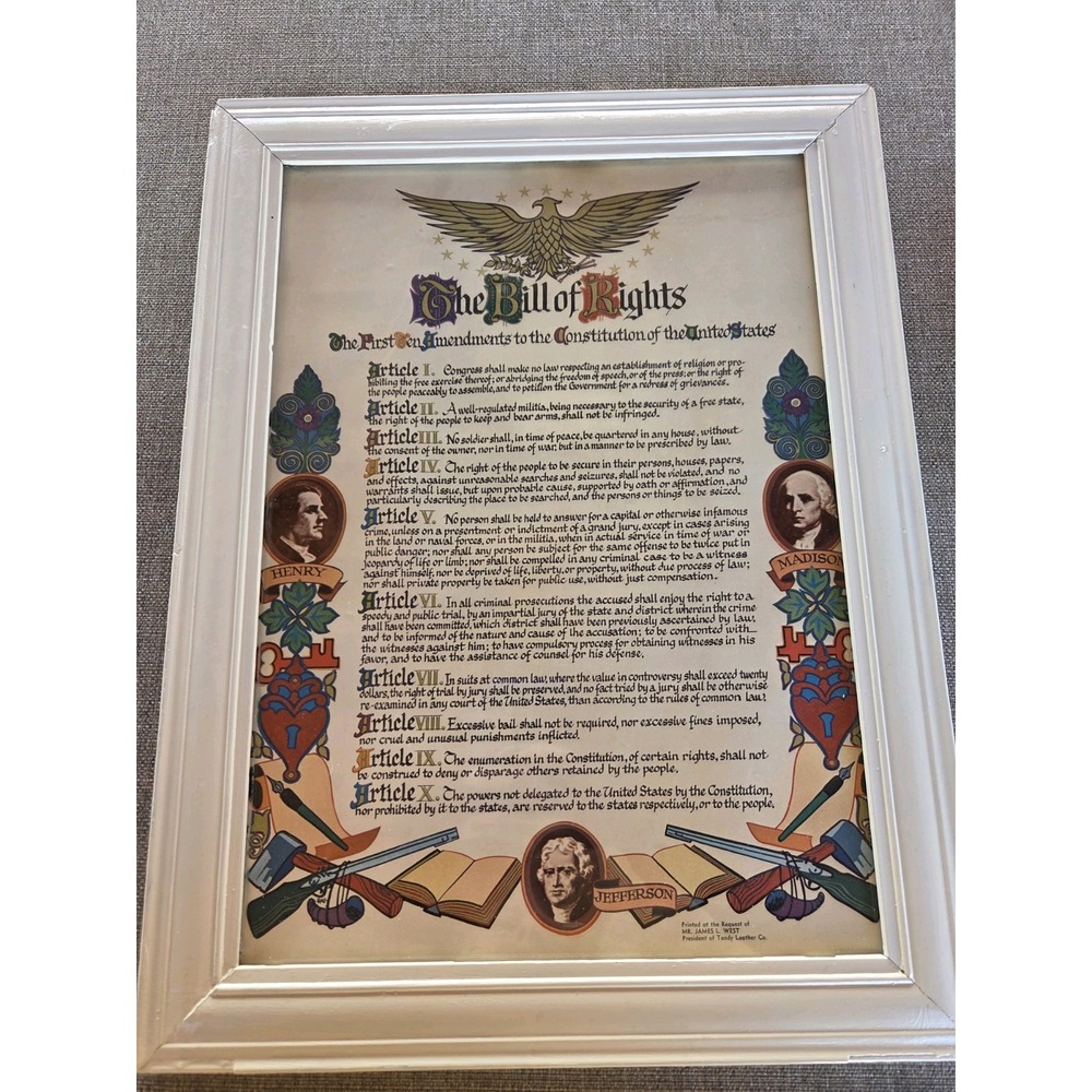 Vtg 1959 Tandy Leather Bill Of Rights Print Framed Charles Tandy Historical Ad